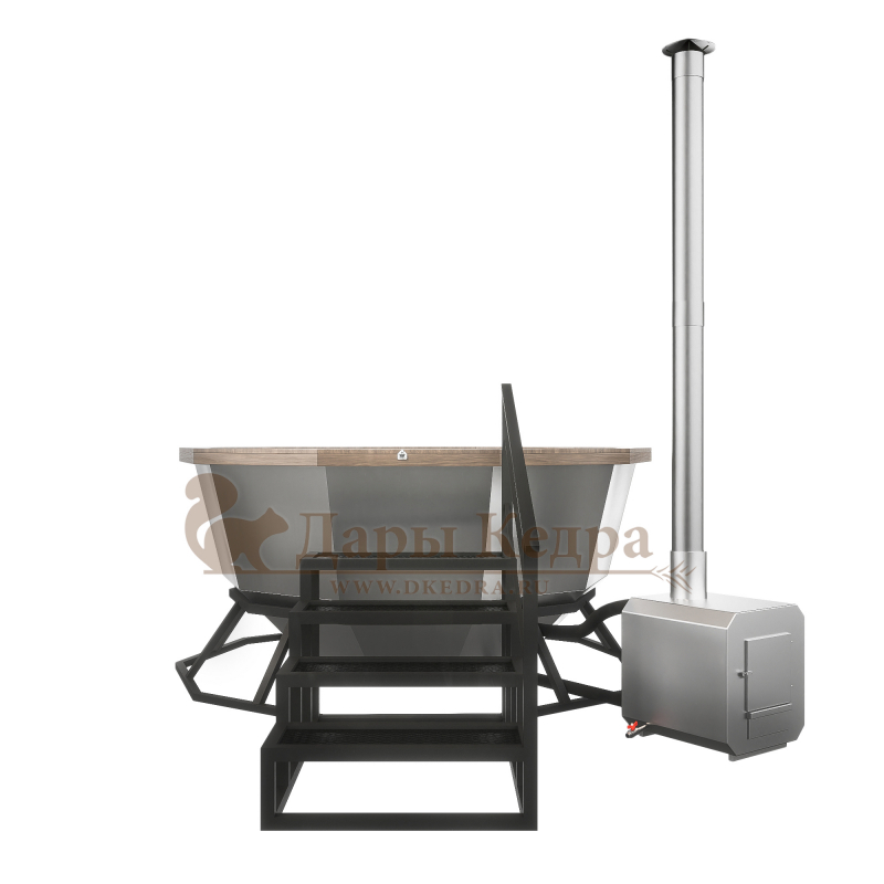 Банный чан из нержавеющей стали Ø-2350 на подставке с приставной печью Банный чан из нержавеющей стали Ø-2350 на подставке с приставной печью
